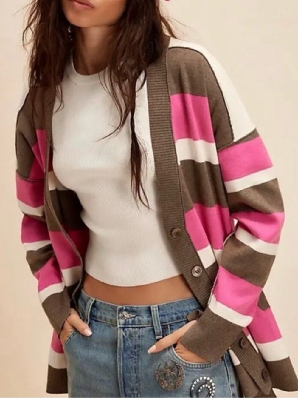 Free People League Of Her Own Striped Open Cardigan